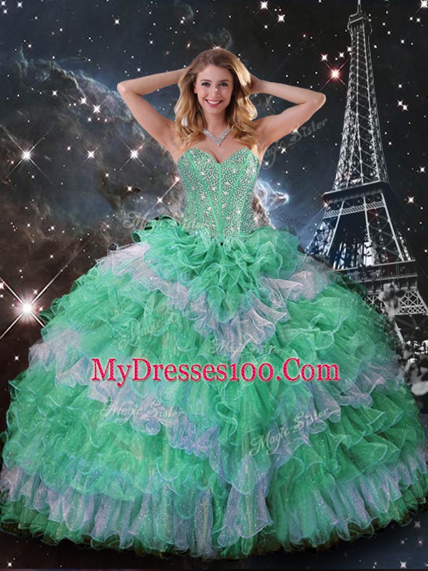 Flare Organza Sleeveless Floor Length Sweet 16 Dresses and Beading and Ruffled Layers