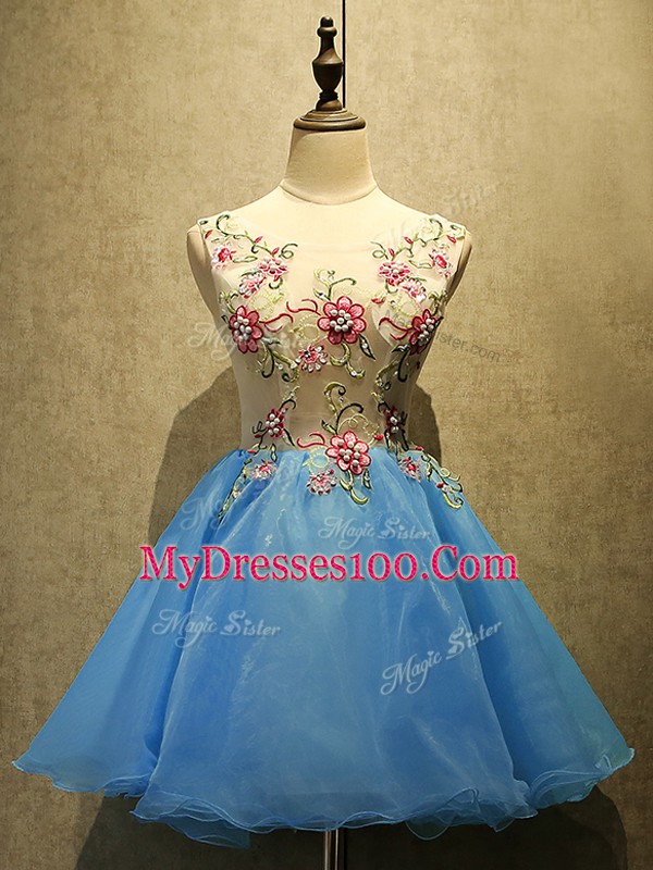Pretty Baby Blue A-line Scoop Sleeveless Organza Mini Length Lace Up Embroidery Prom Gown