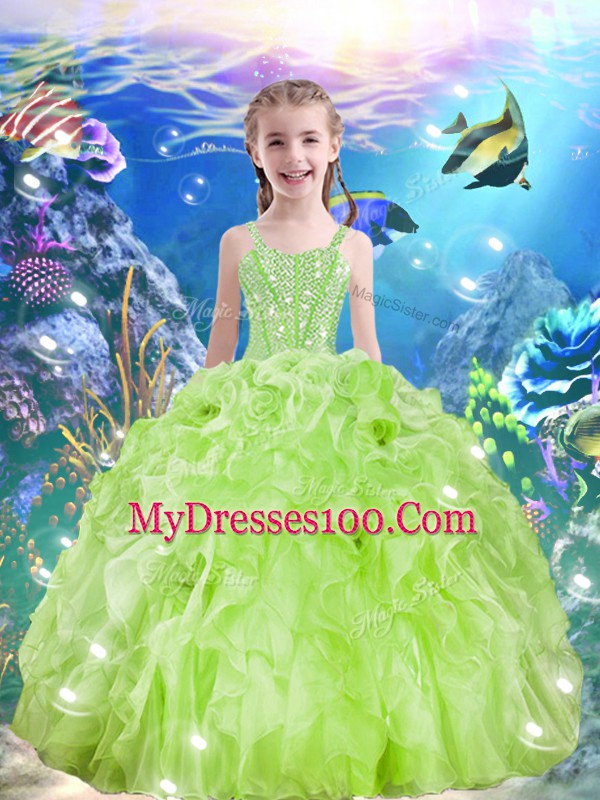Yellow Green Straps Lace Up Beading and Ruffles Little Girls Pageant Gowns Sleeveless