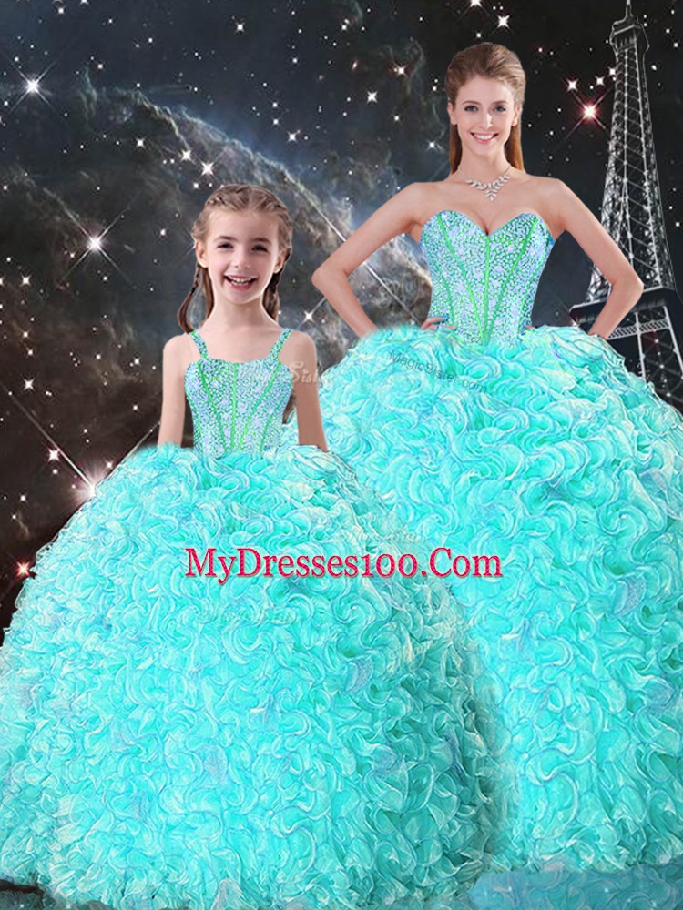 Turquoise Lace Up 15 Quinceanera Dress Beading and Ruffles Sleeveless Floor Length