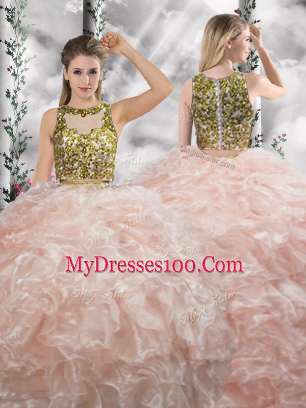 Deluxe Peach Two Pieces Beading and Ruffles 15 Quinceanera Dress Zipper Organza Sleeveless Floor Length