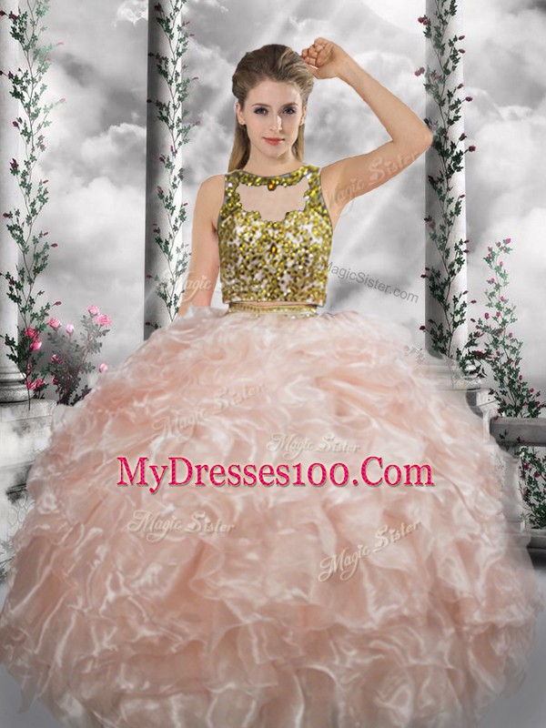 Deluxe Peach Two Pieces Beading and Ruffles 15 Quinceanera Dress Zipper Organza Sleeveless Floor Length