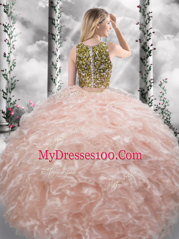 Deluxe Peach Two Pieces Beading and Ruffles 15 Quinceanera Dress Zipper Organza Sleeveless Floor Length