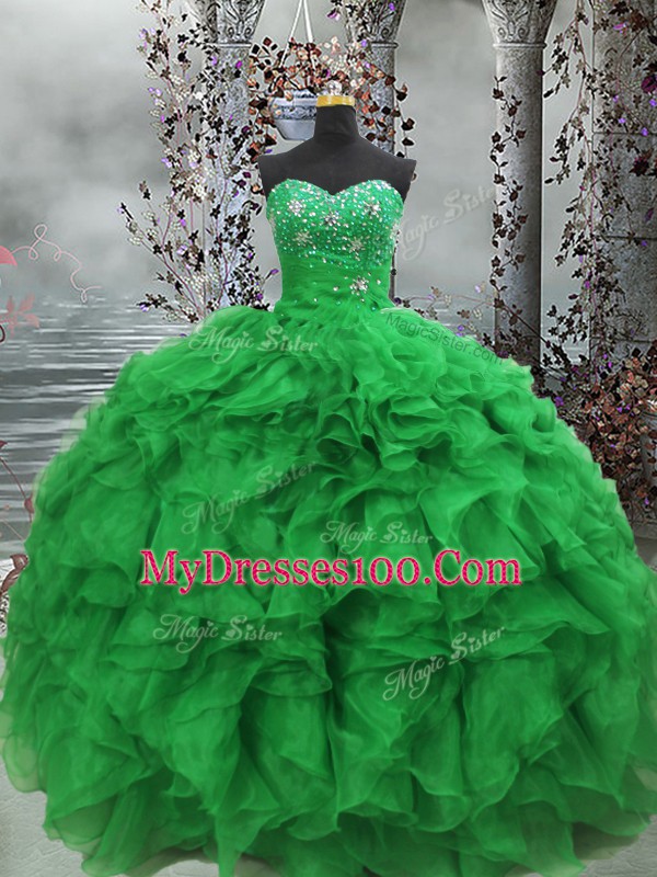 Affordable Sleeveless Lace Up Floor Length Beading and Ruffles Ball Gown Prom Dress