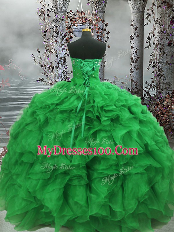 Affordable Sleeveless Lace Up Floor Length Beading and Ruffles Ball Gown Prom Dress