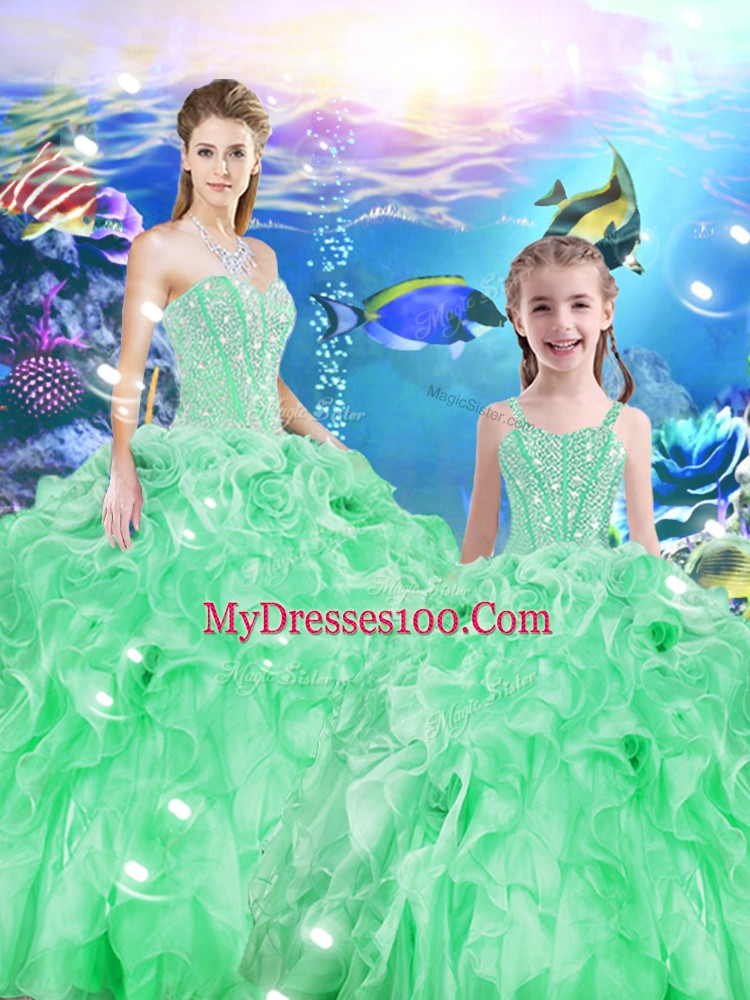 High Class Sleeveless Organza Floor Length Lace Up Quinceanera Gown in Apple Green with Beading and Ruffles