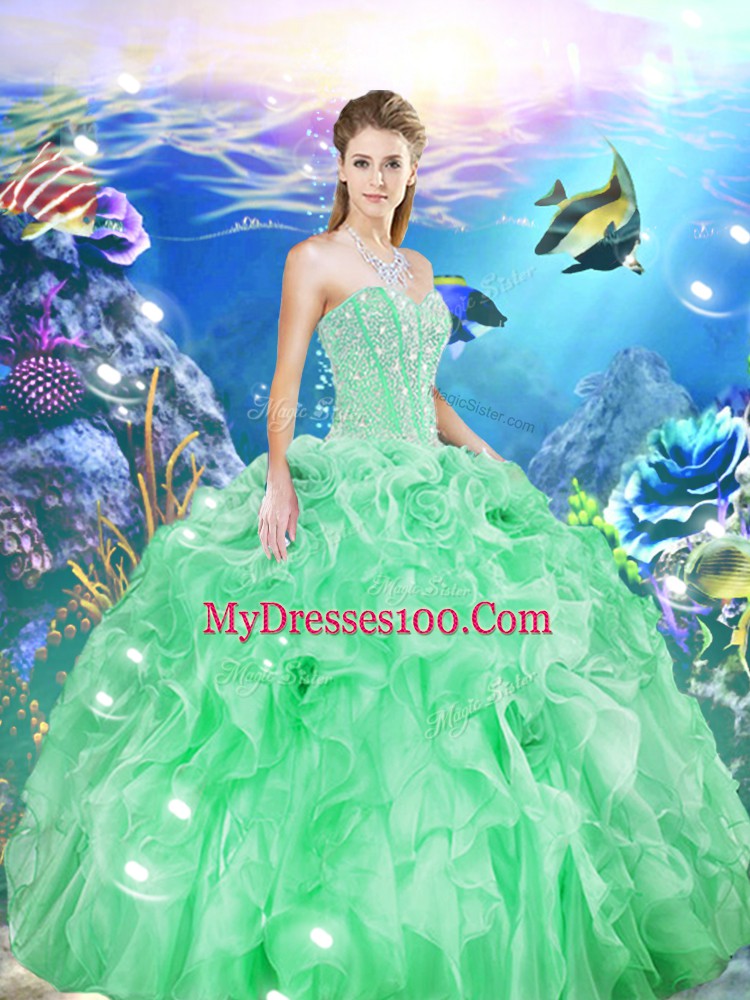 High Class Sleeveless Organza Floor Length Lace Up Quinceanera Gown in Apple Green with Beading and Ruffles