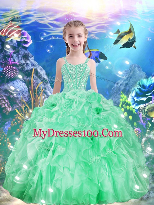 High Class Sleeveless Organza Floor Length Lace Up Quinceanera Gown in Apple Green with Beading and Ruffles