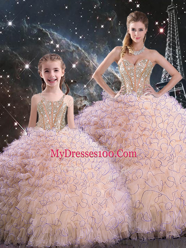 Floor Length Peach Quinceanera Dresses Organza Sleeveless Beading and Ruffles