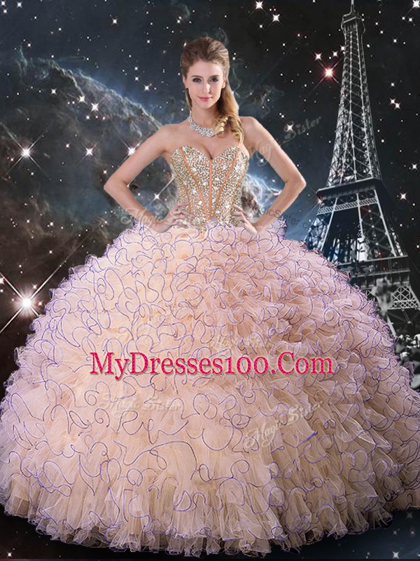 Floor Length Peach Quinceanera Dresses Organza Sleeveless Beading and Ruffles