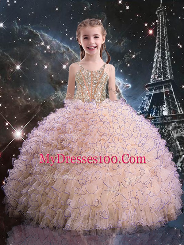 Floor Length Peach Quinceanera Dresses Organza Sleeveless Beading and Ruffles