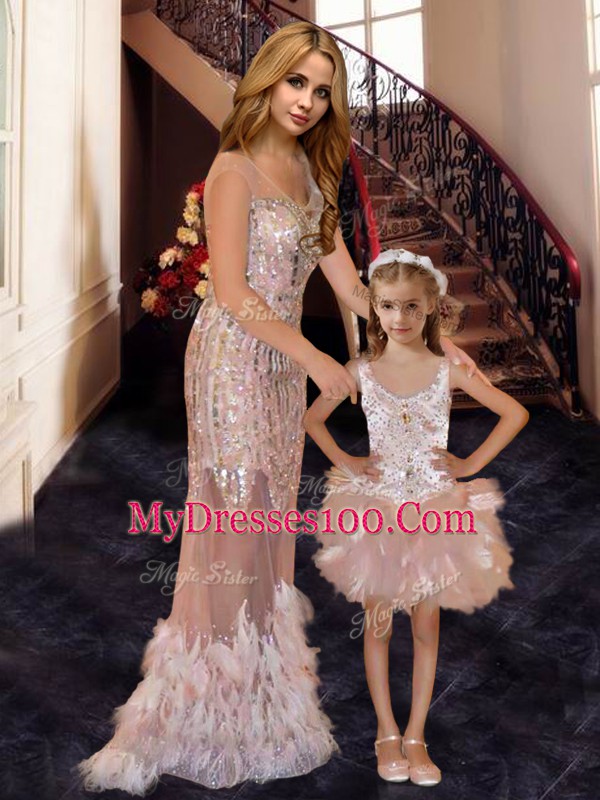Pink V-neck Zipper Beading and Ruffles and Sequins Evening Dress Brush Train Sleeveless