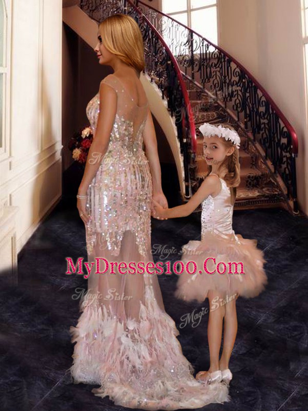 Pink V-neck Zipper Beading and Ruffles and Sequins Evening Dress Brush Train Sleeveless