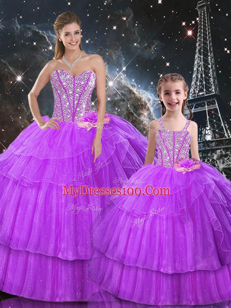 Purple Sweetheart Neckline Beading and Ruffled Layers Quince Ball Gowns Sleeveless Lace Up