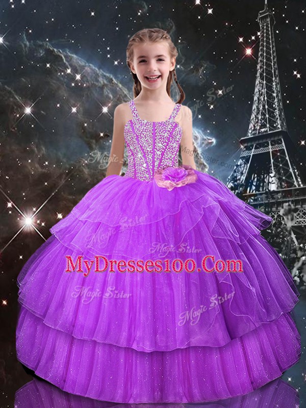 Purple Sweetheart Neckline Beading and Ruffled Layers Quince Ball Gowns Sleeveless Lace Up