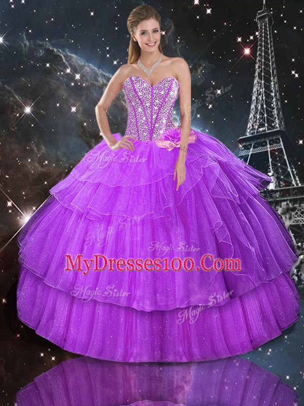 Purple Sweetheart Neckline Beading and Ruffled Layers Quince Ball Gowns Sleeveless Lace Up