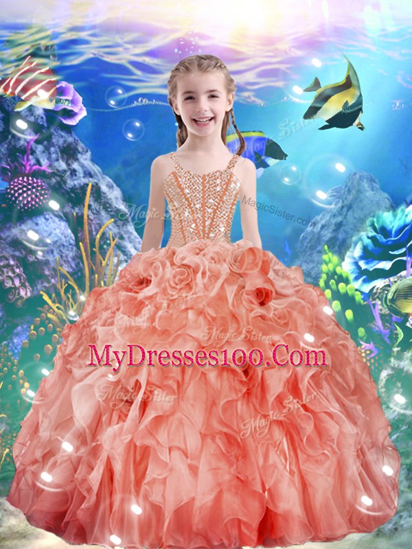 Eye-catching Floor Length Ball Gowns Sleeveless Watermelon Red Little Girls Pageant Gowns Lace Up