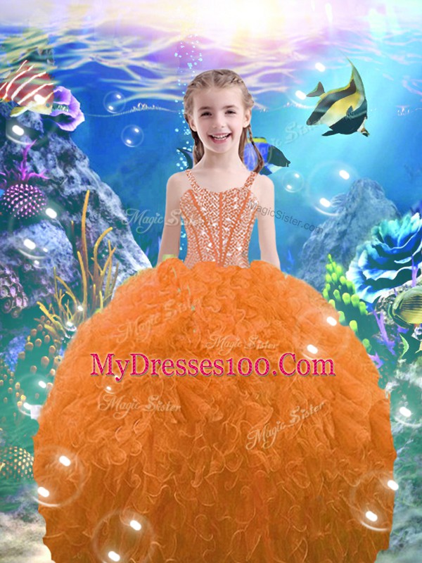 Orange Red Girls Pageant Dresses Quinceanera and Wedding Party with Beading and Ruffles Straps Sleeveless Lace Up