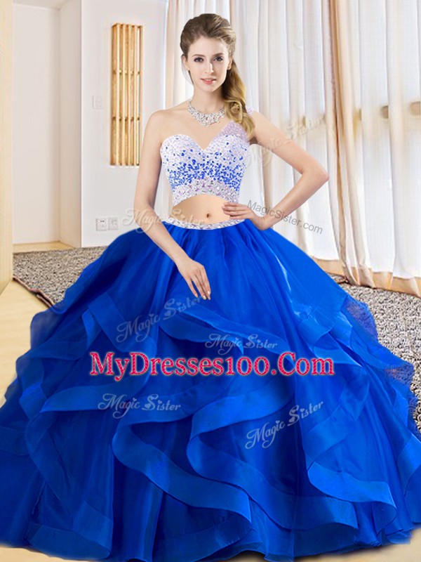 Royal Blue Sleeveless Floor Length Beading and Ruffles Criss Cross Ball Gown Prom Dress