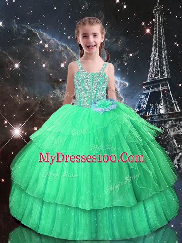 Cute Sleeveless Organza Floor Length Lace Up Sweet 16 Quinceanera Dress in Apple Green with Ruffled Layers