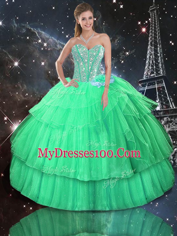Cute Sleeveless Organza Floor Length Lace Up Sweet 16 Quinceanera Dress in Apple Green with Ruffled Layers