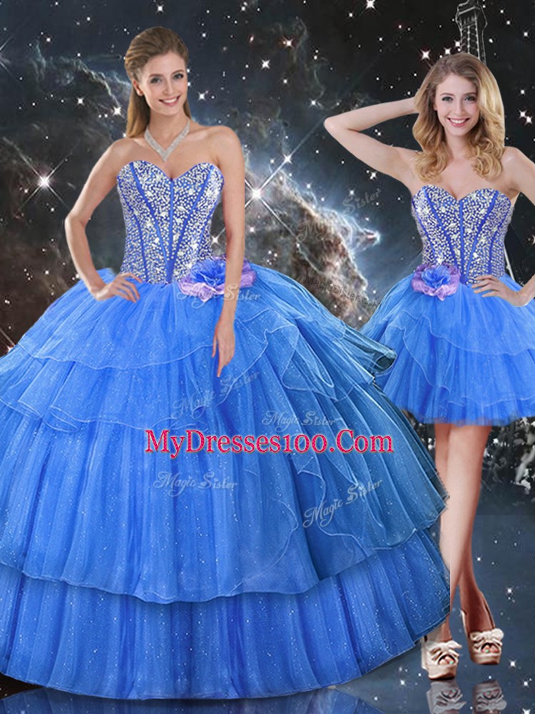 Sleeveless Organza Floor Length Lace Up Vestidos de Quinceanera in Baby Blue with Ruffled Layers and Sequins