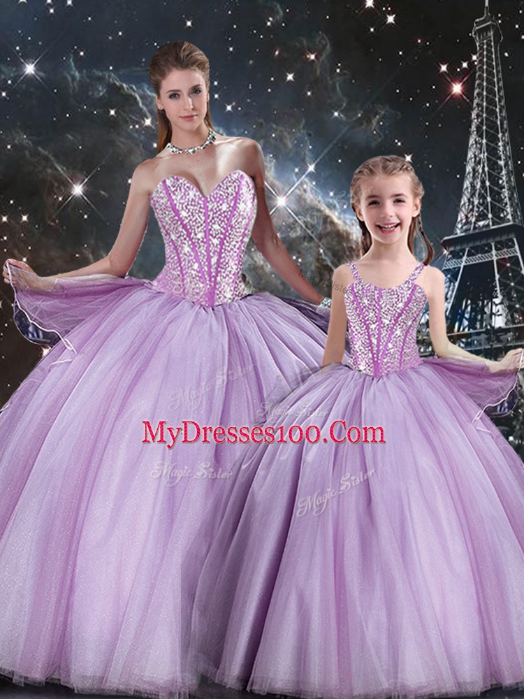 Sleeveless Tulle Floor Length Lace Up Quinceanera Gowns in Lavender with Beading