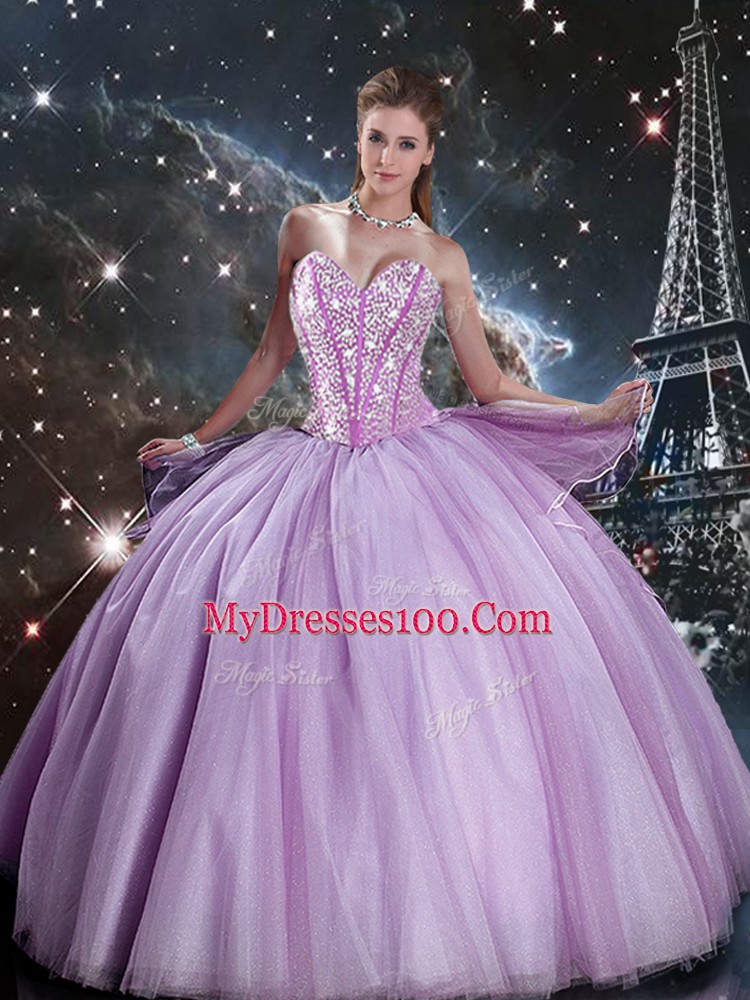 Sleeveless Tulle Floor Length Lace Up Quinceanera Gowns in Lavender with Beading