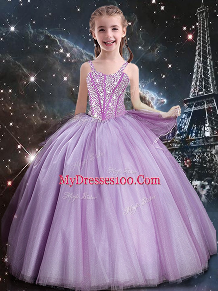 Sleeveless Tulle Floor Length Lace Up Quinceanera Gowns in Lavender with Beading