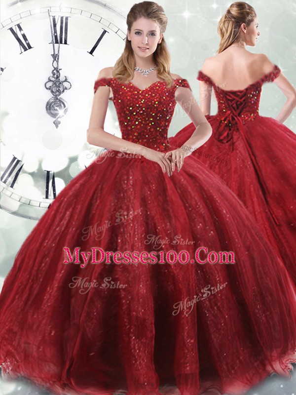 Wine Red Sleeveless Brush Train Beading Quinceanera Gown