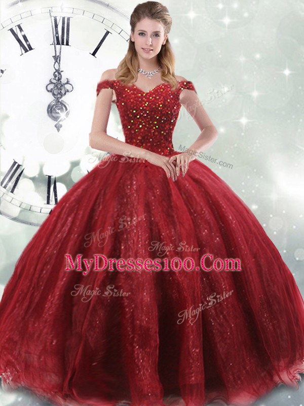 Wine Red Sleeveless Brush Train Beading Quinceanera Gown