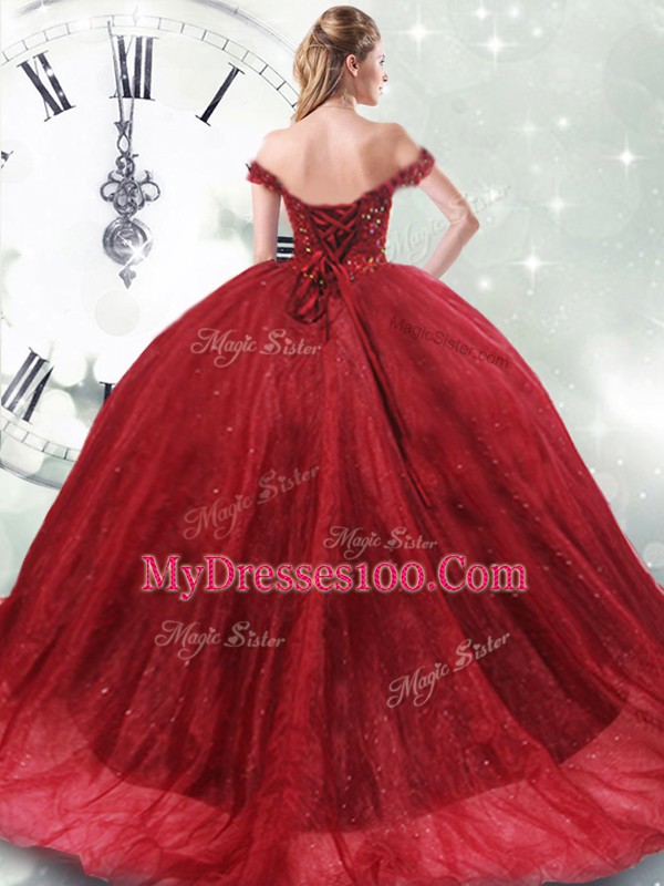 Wine Red Sleeveless Brush Train Beading Quinceanera Gown