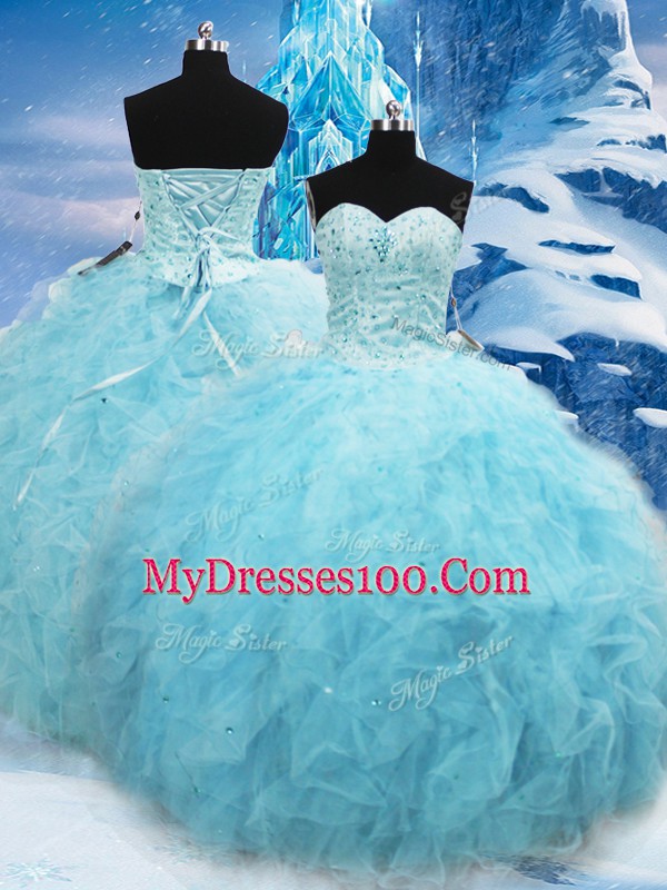 Edgy Aqua Blue Sleeveless Tulle Lace Up Sweet 16 Dress for Military Ball and Sweet 16 and Quinceanera