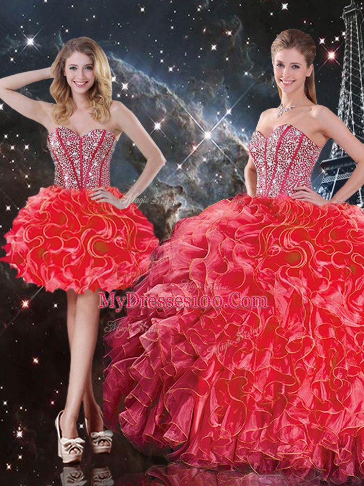 Coral Red Ball Gowns Organza Sweetheart Sleeveless Beading and Ruffles Floor Length Lace Up Quince Ball Gowns