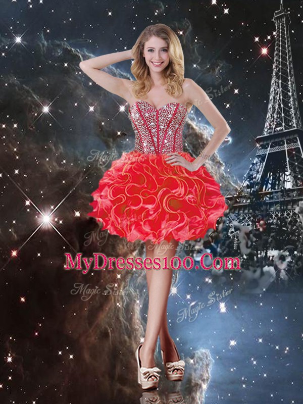 Coral Red Ball Gowns Organza Sweetheart Sleeveless Beading and Ruffles Floor Length Lace Up Quince Ball Gowns