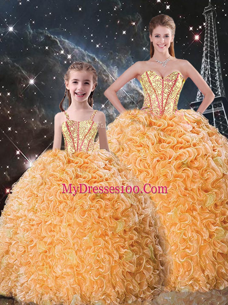 Sweet Floor Length Lace Up Ball Gown Prom Dress Orange for Military Ball and Sweet 16 and Quinceanera with Beading and Ruffles