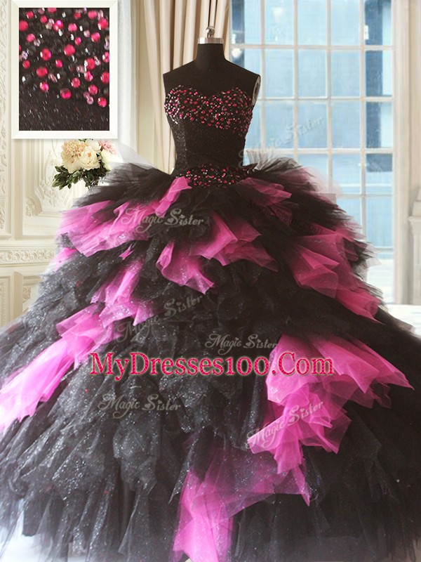 Tulle Sweetheart Sleeveless Lace Up Beading and Ruffles Sweet 16 Dresses in Pink And Black