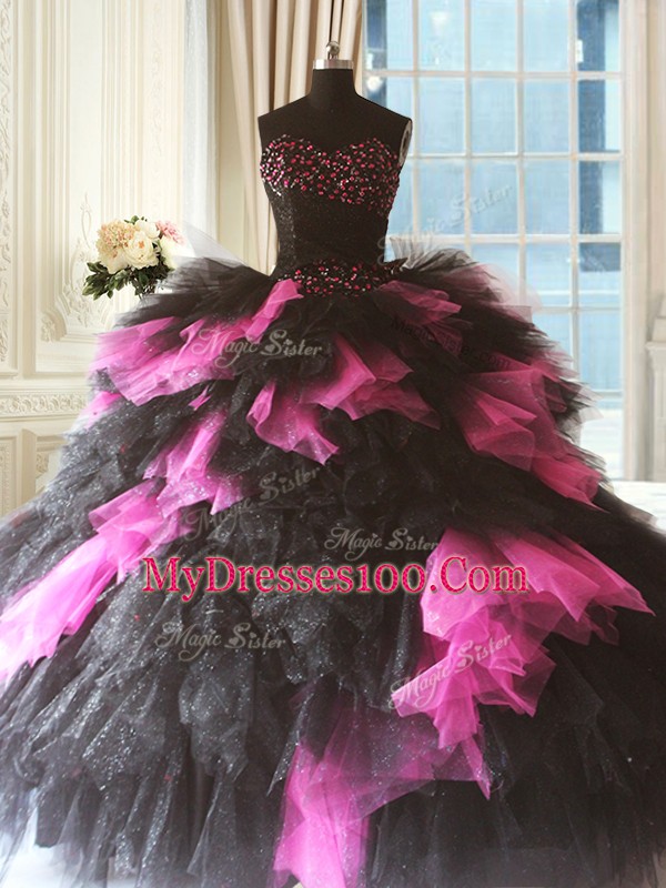 Tulle Sweetheart Sleeveless Lace Up Beading and Ruffles Sweet 16 Dresses in Pink And Black