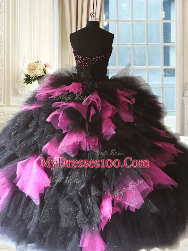Tulle Sweetheart Sleeveless Lace Up Beading and Ruffles Sweet 16 Dresses in Pink And Black