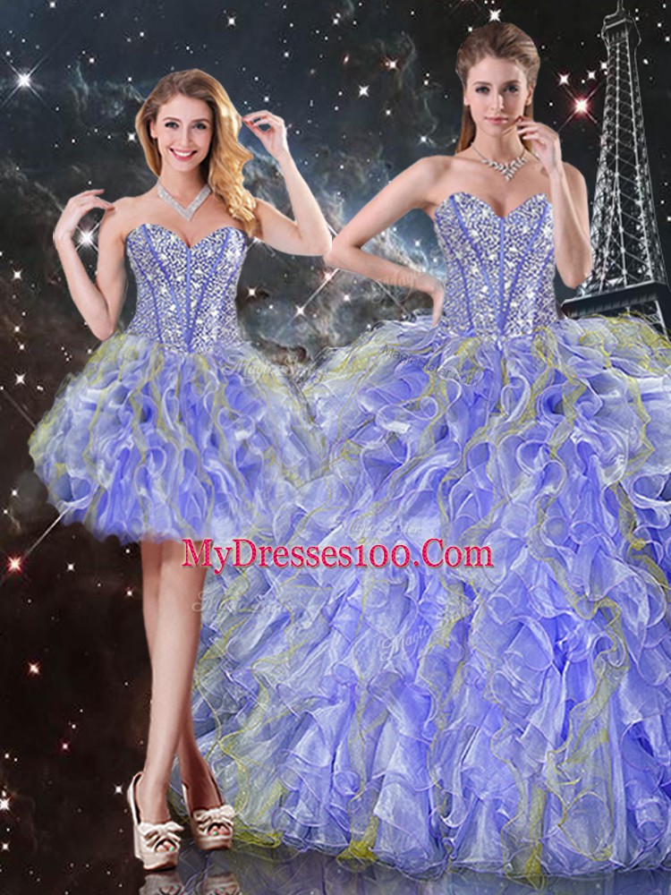 Beading and Ruffles Quince Ball Gowns Lavender Lace Up Sleeveless Floor Length