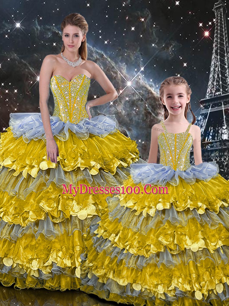 Organza Sleeveless Floor Length Quince Ball Gowns and Beading and Ruffles