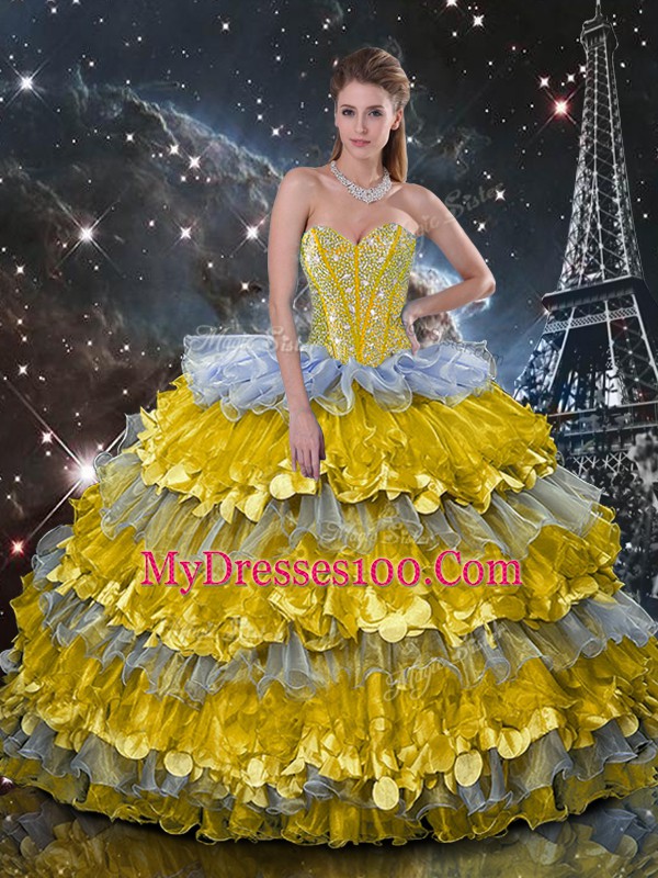 Organza Sleeveless Floor Length Quince Ball Gowns and Beading and Ruffles