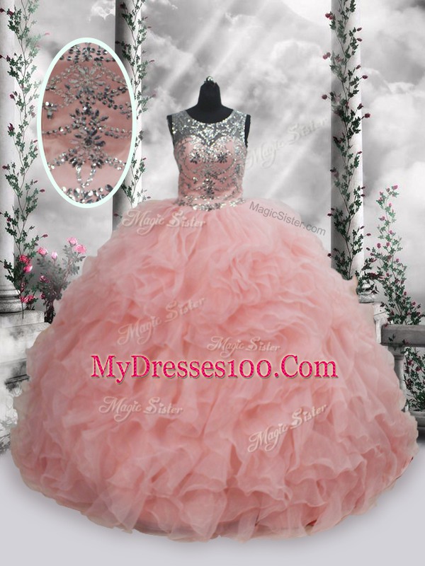 Best Sleeveless Floor Length Beading and Ruffles Lace Up 15th Birthday Dress with Baby Pink