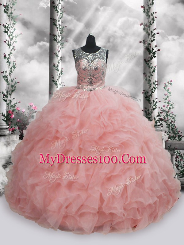 Best Sleeveless Floor Length Beading and Ruffles Lace Up 15th Birthday Dress with Baby Pink