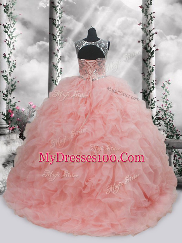 Best Sleeveless Floor Length Beading and Ruffles Lace Up 15th Birthday Dress with Baby Pink