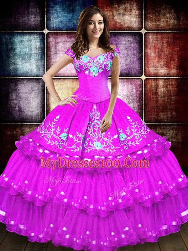 Best Selling Floor Length Lace Up Sweet 16 Quinceanera Dress Fuchsia for Military Ball and Sweet 16 and Quinceanera with Embroidery and Ruffled Layers