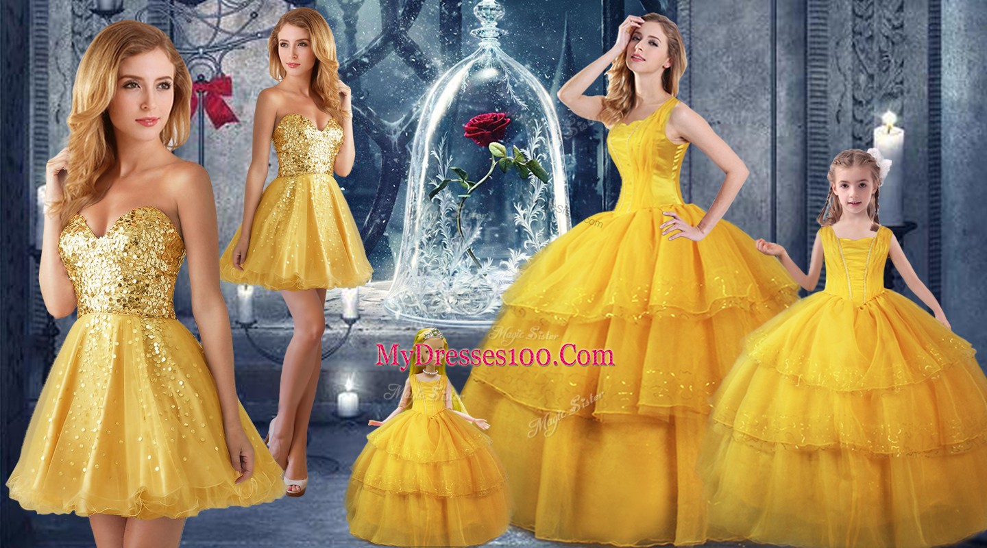 Gold Sleeveless Floor Length Ruffled Layers Lace Up Sweet 16 Quinceanera Dress