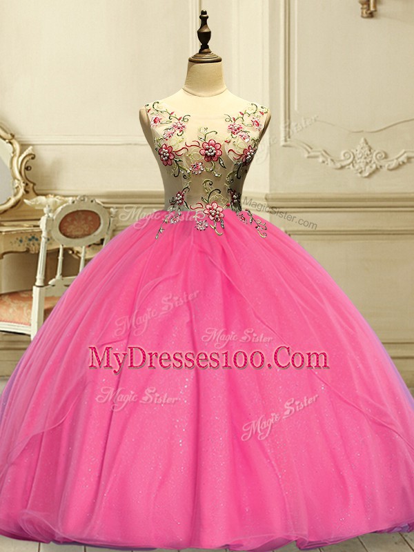 Cheap Organza Scoop Sleeveless Lace Up Appliques Sweet 16 Dresses in Rose Pink
