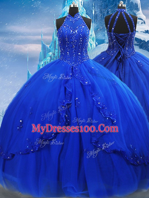 Lovely Royal Blue Sleeveless Brush Train Beading and Ruffles Sweet 16 Dresses
