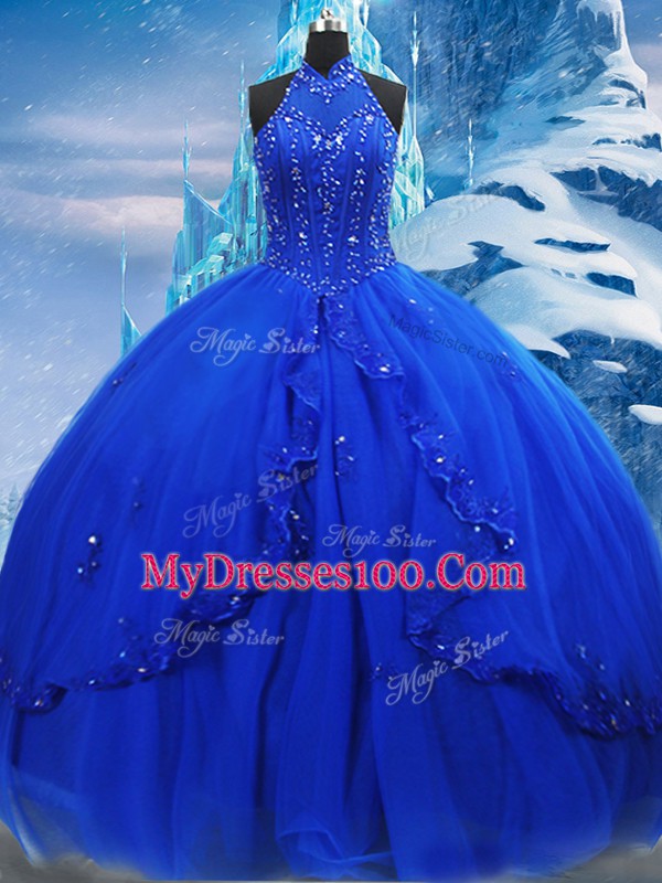 Lovely Royal Blue Sleeveless Brush Train Beading and Ruffles Sweet 16 Dresses